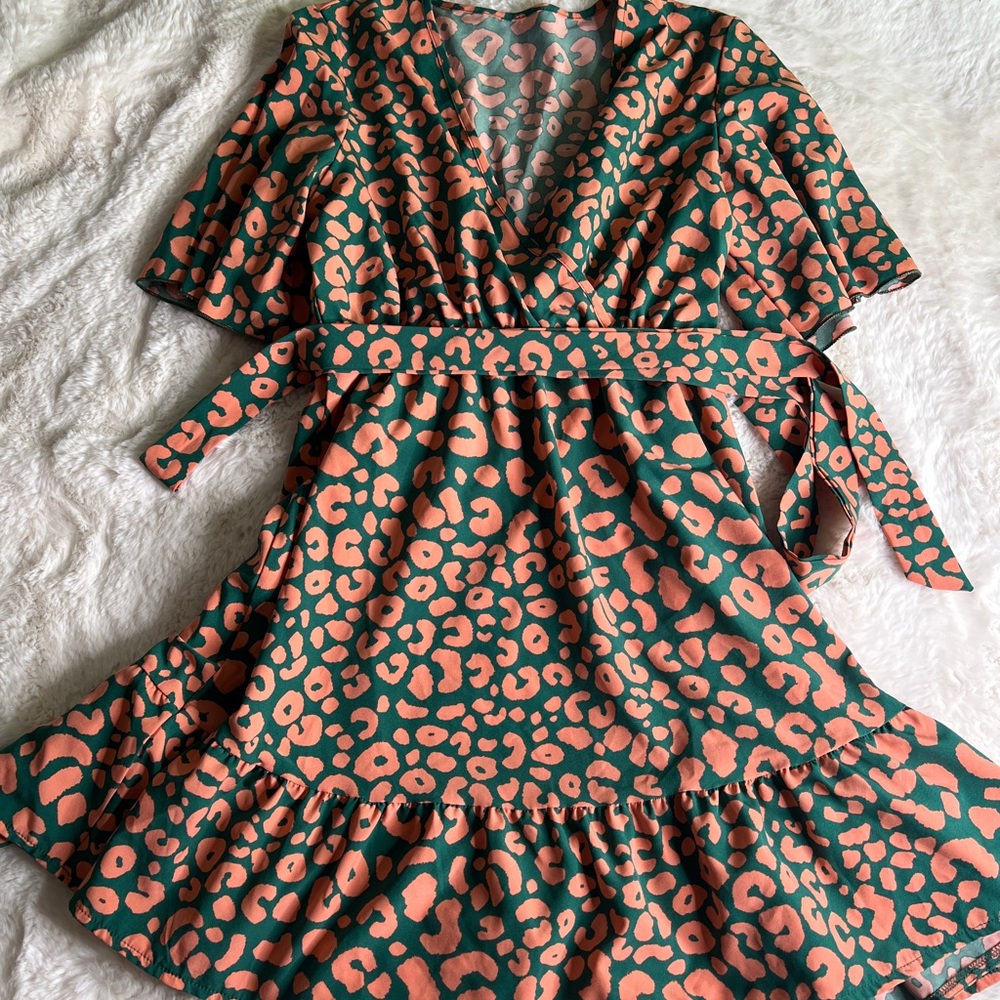 Leopard Print Wrap Dress - Green and Orange